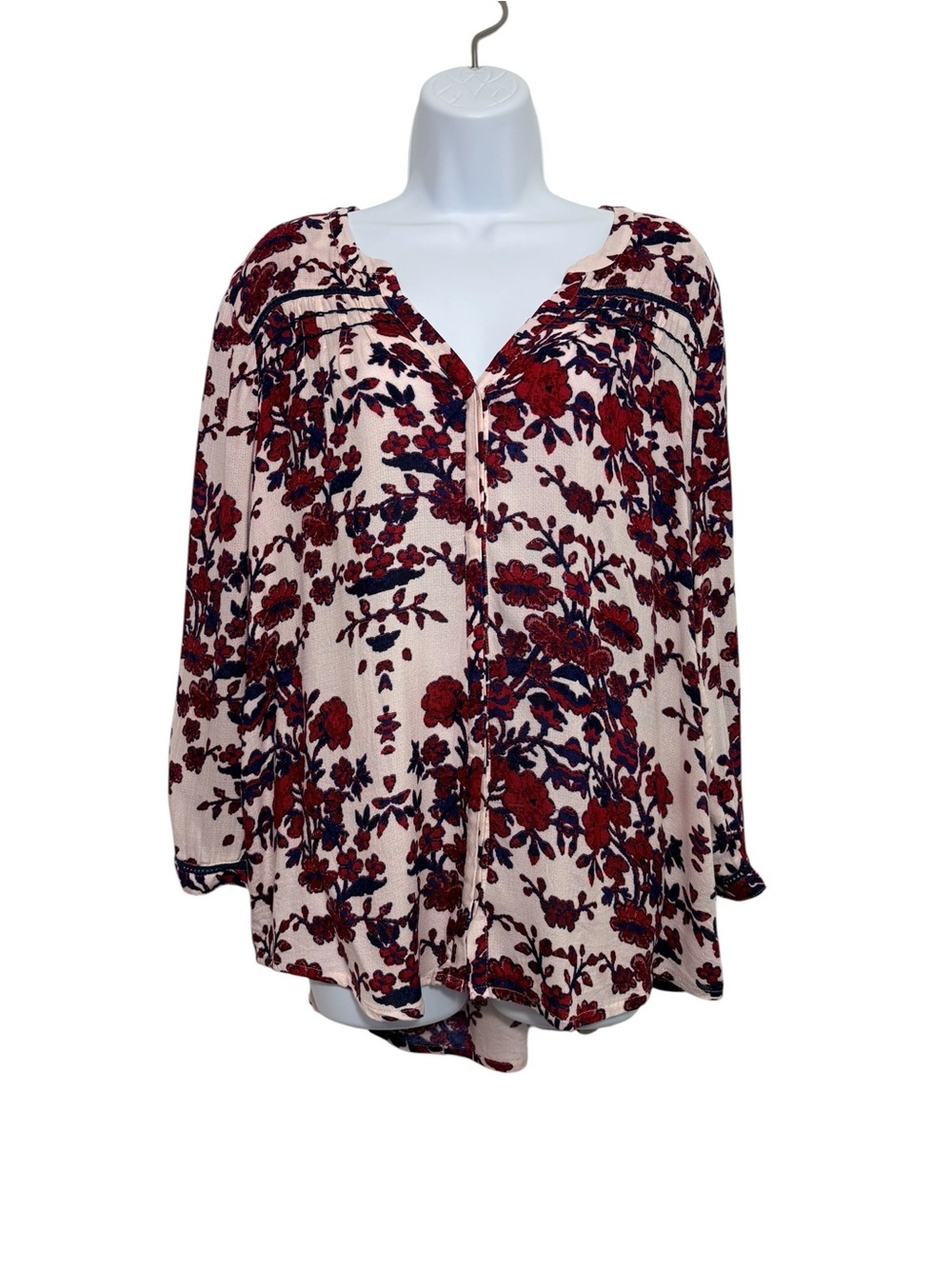 Lucky Brand Floral Peasant Blouse SzL Boho Romantic 3/4 Sleeve Split Neck